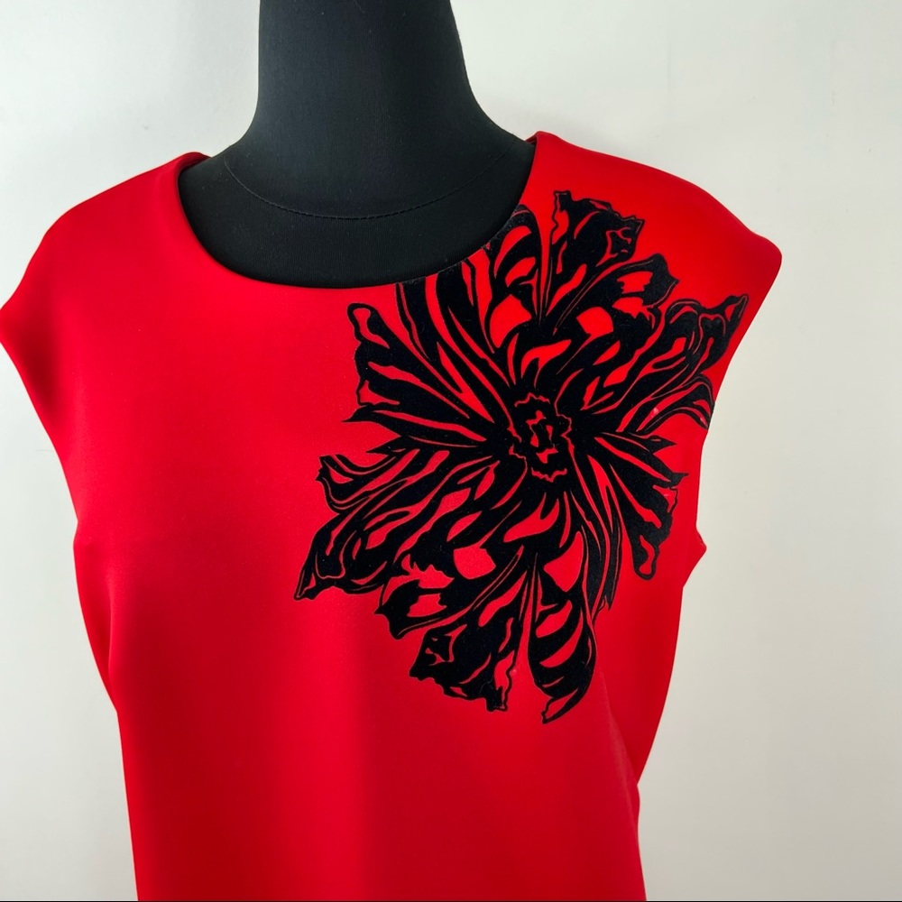 Calvin Klein Red Sleeveless Midi Dress with Black Floral Appliqué - Picture 5 of 11